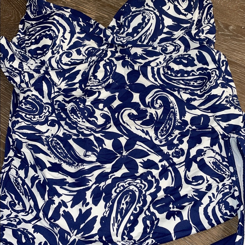 2PC Liz Claiborne Tankini Blue White Patterned Top & Skirt size L - Picture 4 of 11